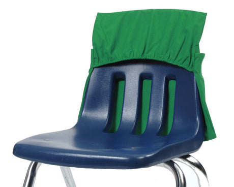 Green elastic back chair cover on a blue plastic classroom chair