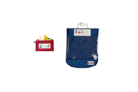 Blue hanging storage pouch and red pencil case with stationery for school organization