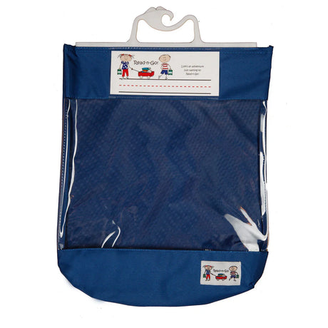 Blue Read-n-Go clear front storage pouch with white hanger for school or office supplies