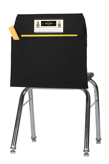 Black double pocket seat sack organizer on classroom chair holding a ruler and folder