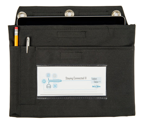 Black tablet holder pouch with front pockets for pencil and pen, metal grommets, desktop organizer