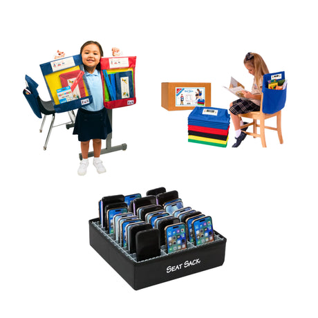 Children using colorful seat sacks and organizers in classroom, phone holder labeled Seat Sack.