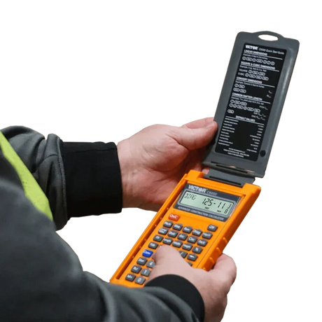 Orange Victor construction calculator with flip cover, showing measurement functions and keypad for building projects