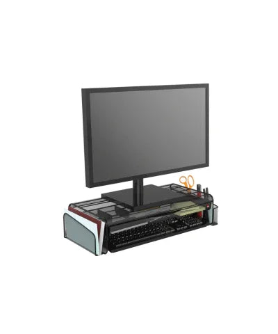 Desk organizer with monitor stand, accessory compartments, and space for keyboard