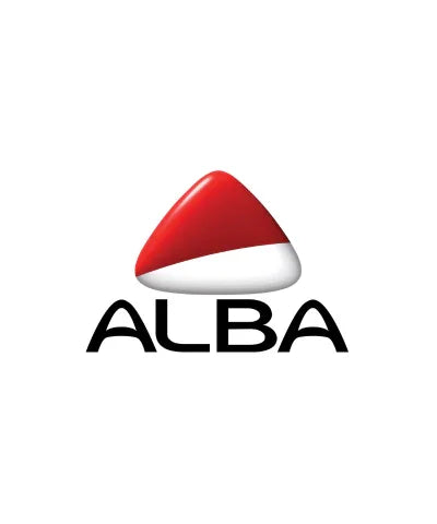 ALBA logo with a red and white triangular icon, office supplies branding