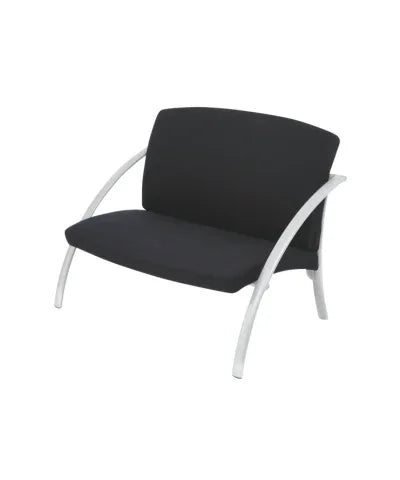 Modern office guest chair with black cushioned seat and curved silver metal frame