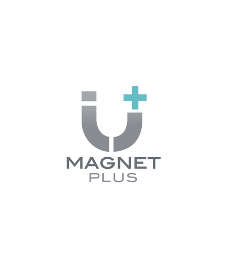 Magnet Plus logo featuring a grey horseshoe magnet icon with a teal plus sign.