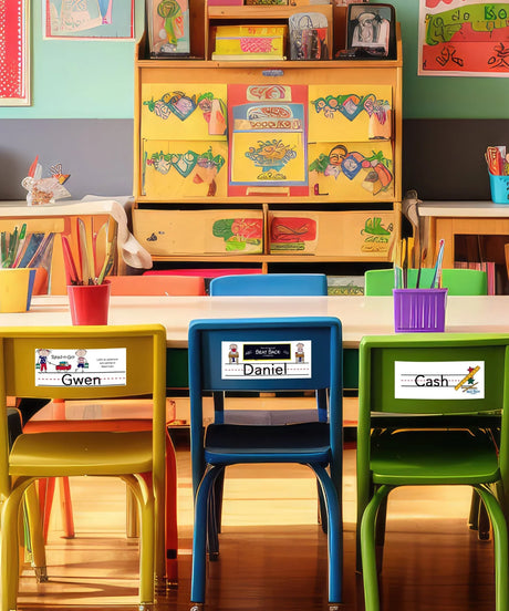 Colorful classroom chairs with name cards and labels for student organization