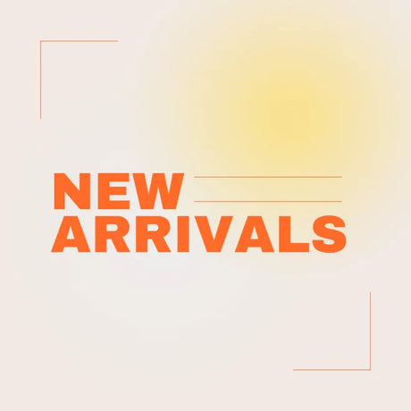 New arrivals banner with orange bold text on a light background, featuring modern design accents.