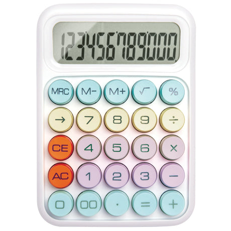 Pastel desktop calculator with large round buttons and LCD display for office or school use