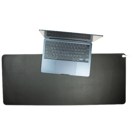 Large black desk pad with laptop on top, ideal for workspace organization and office desks