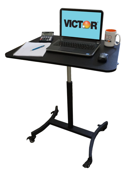 High rise mobile adjustable standing desk with laptop, mug, notebook, calculator, and mouse
