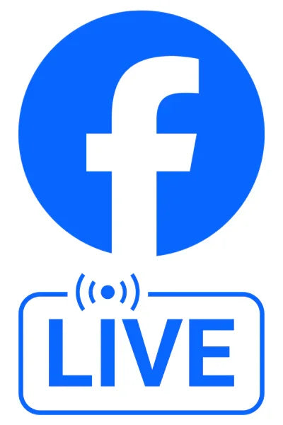 Blue Facebook icon above LIVE broadcast symbol, indicating a Facebook Live event.