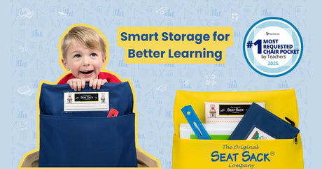 Child smiling with a blue Seat Sack chair pocket organizer, with school supplies inside, and a yellow Seat Sack organizer holding books and stationery, promoting smart classroom storage.