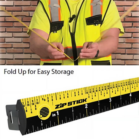 Magnetic yellow construction ruler Zip Stick shown folded for easy storage, held by worker in safety vest.