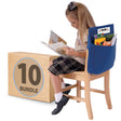 Child reading on chair with blue Seat Sack organizer and box labeled 10 bundle