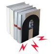Magnetic bookends holding books upright with red lightning bolts, ideal for office or school organization