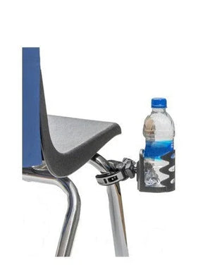Seat Sack clip-on cup holder attached to a school chair frame holding a water bottle