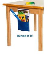 Blue table pocket with school supplies attached to a wooden table, labeled 'Bundle of 10'.