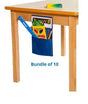 Blue table pocket with school supplies attached to a wooden table, labeled 'Bundle of 10'.