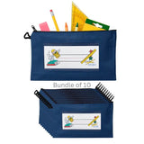 Navy blue pouch with stationery items and a bundle of 10 similar pouches on a white background
