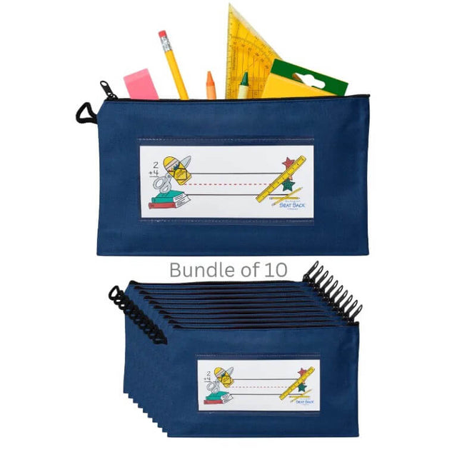 Navy blue pouch with stationery items and a bundle of 10 similar pouches on a white background