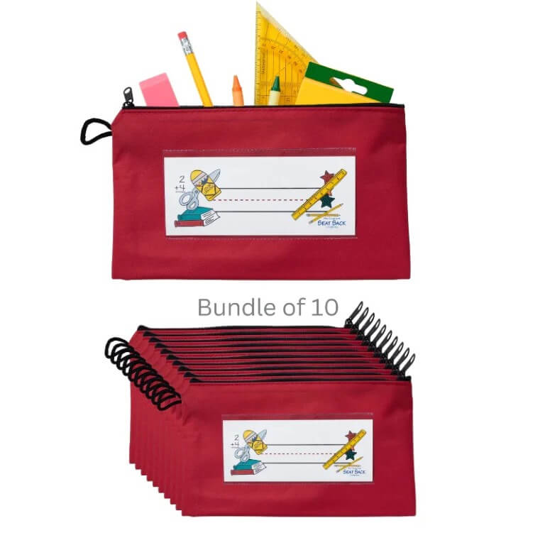 Red pouch with stationery items and a bundle of 10 red pouches on a white background