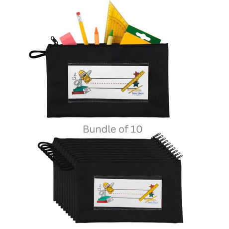 Black pouch with stationery items and a bundle of 10 similar pouches on a white background.