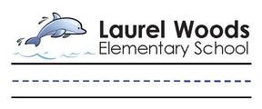 Sample personalized name card for Laurel Woods Elementary School with a dolphin illustration.