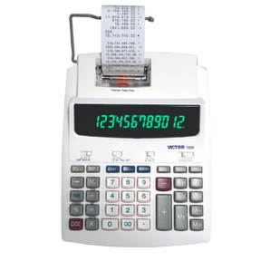 Victor® 12-digit thermal printing calculator with printed paper roll and green digital display.