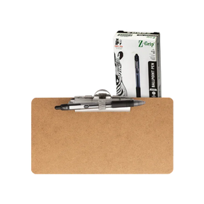 Officemate® mini clipboard with a low profile metal clip and a Zebra ballpoint pen.