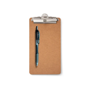 Officemate® brown memo mini clipboard with a metal clip and a blue pen.