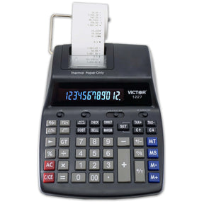 Victor® thermal printing calculator with a digital display and a printed paper receipt.