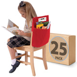 Young girl reading on wooden chair with red seat pocket organizer filled with school supplies, 25 pack box nearby.