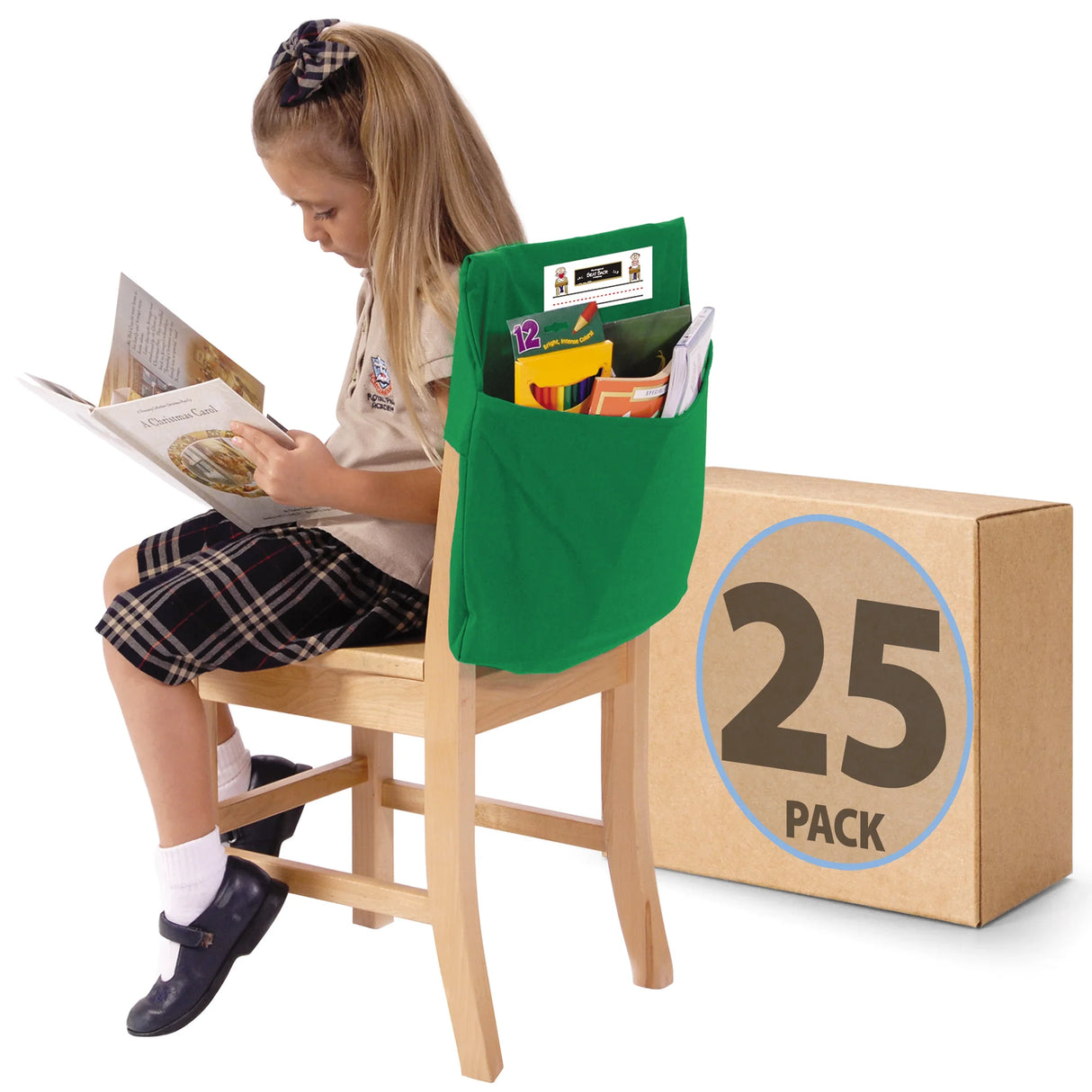 Young girl reading on a chair with green seat sack organizer, school supplies, 25 pack box