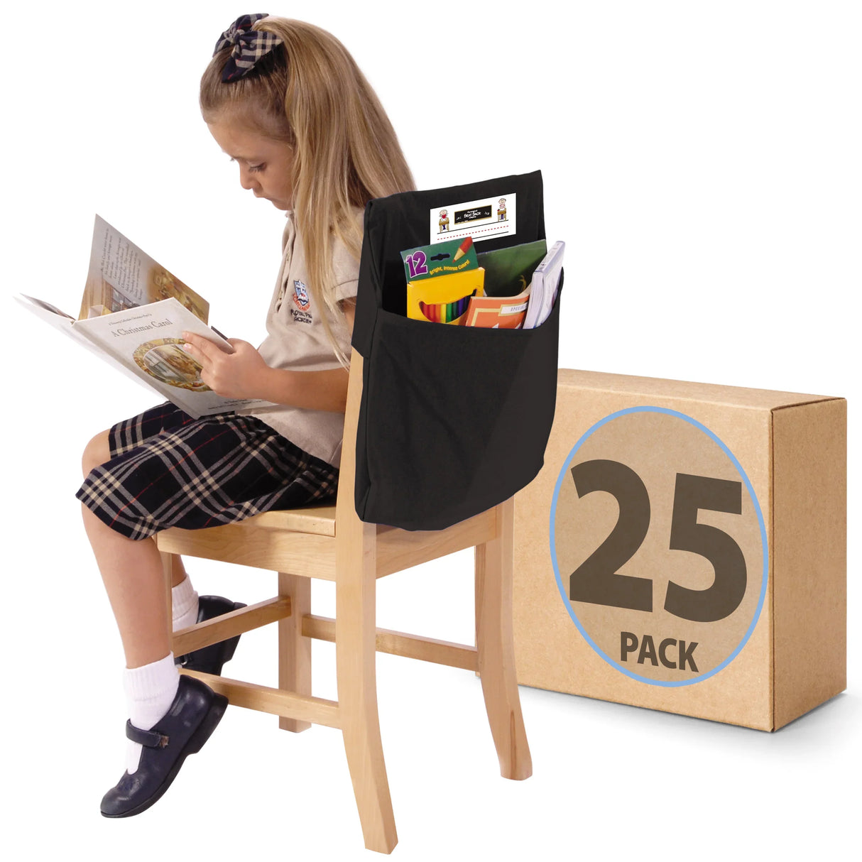 Child reading on chair with black Seat Sack pocket organizer, box labeled 25 pack nearby