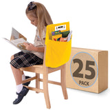 Child reading on chair with yellow classroom chair pocket, school supplies, 25 pack box