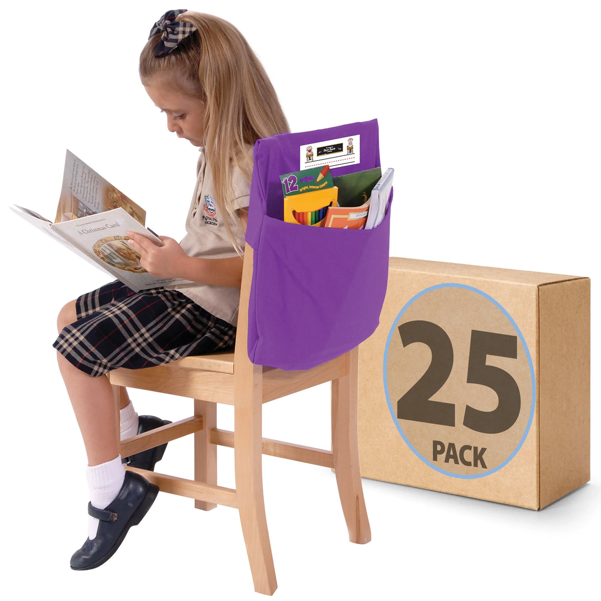 Young girl reading on chair with purple seat sack organizer, 25 pack box nearby