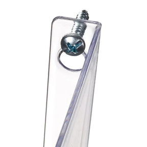Close-up of a mounting screw securing a clear Officemate wall file holder.