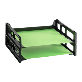 Victor® 2-pack stacking letter trays in black with green paper inside