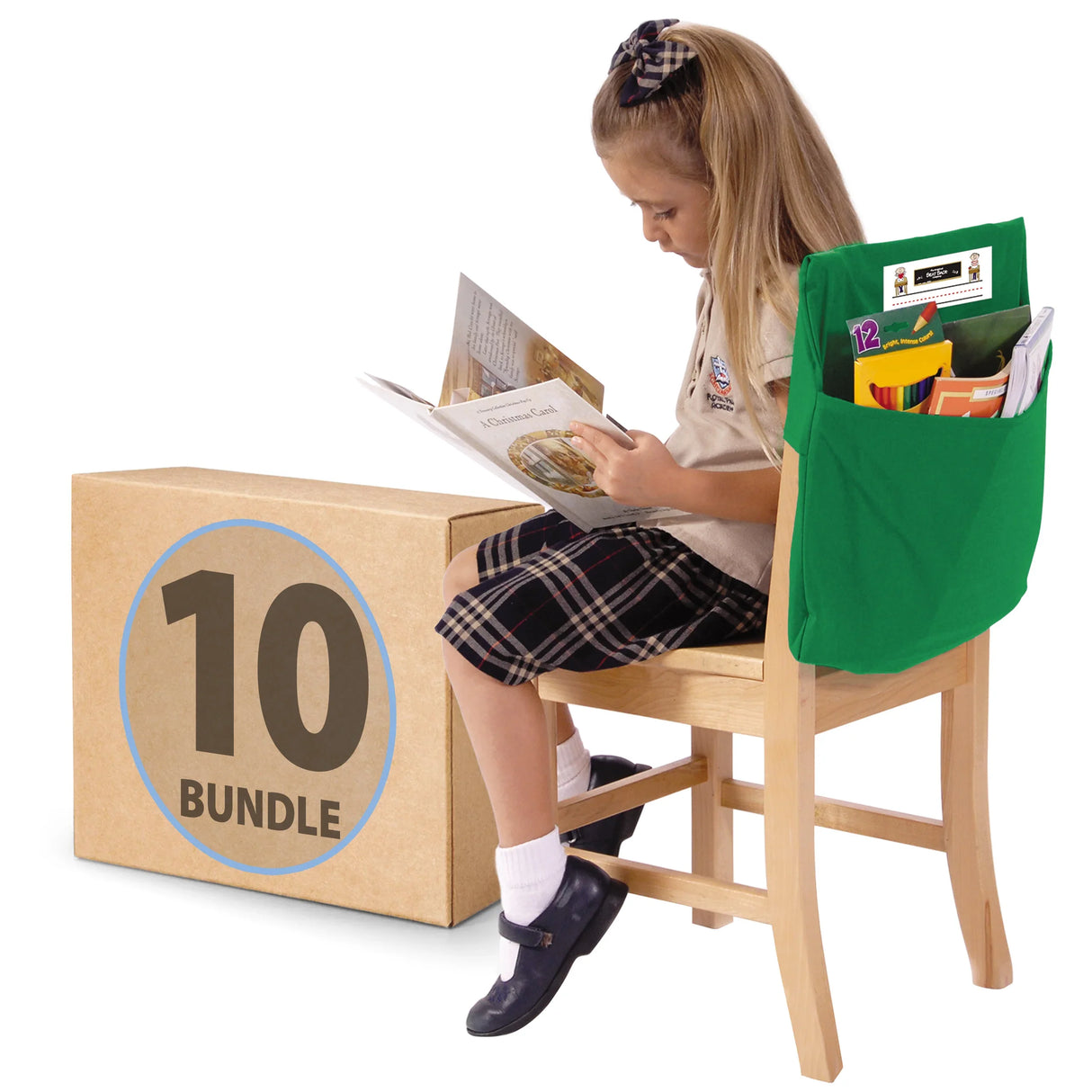 Child reading on chair with green seat sack organizer, large 10 bundle box nearby