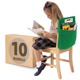 Child reading on chair with green seat sack organizer, large 10 bundle box nearby
