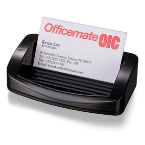 Officemate® 2200 Series™ black plastic business card holder with a sample card.