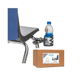 Seat Sack clip-on cup holder attached to a school chair with a water bottle and packaging box.