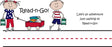 Cartoon kids with a red wagon of books on a blank name card, Read-n-Go text, school label.
