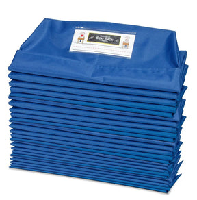 A stack of blue Seat Sack classroom chair storage organizers.