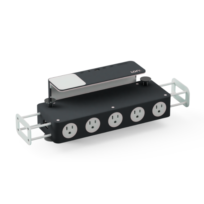 Desk power strip with four outlets, USB ports, and slide-out handles, ideal for office workspace