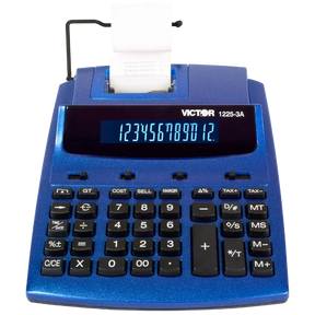 Blue Victor® 12-digit commercial printing calculator with paper roll and digital display.