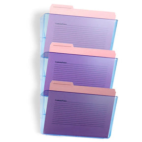 Three purple Officemate® wall files with pink tabs and lined contents notes sections.