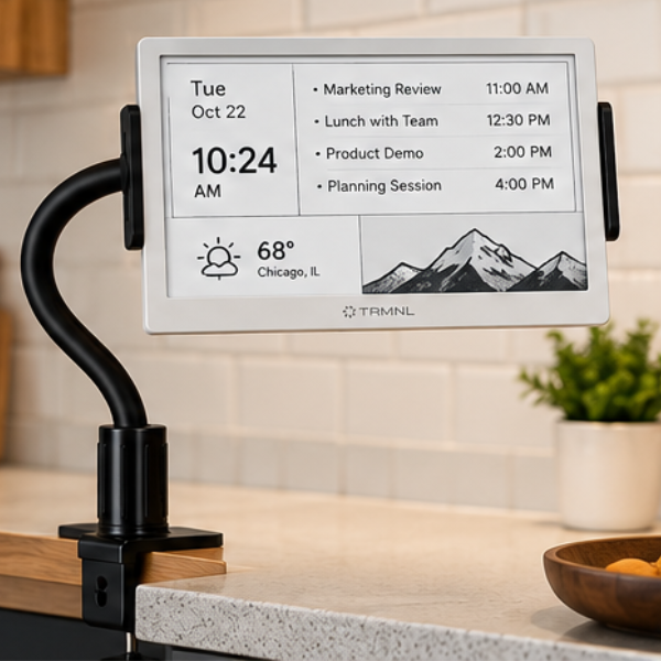 TRMNL 7.5 inch ePaper dashboard display on a gooseneck desk clamp